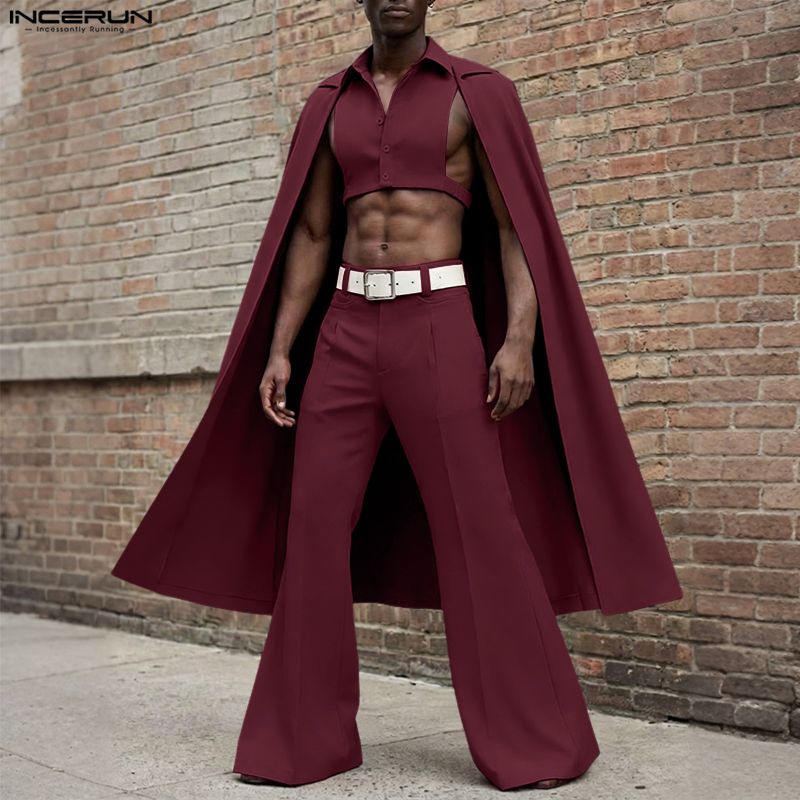 Mens Fashion Suits - INCERUN ชุดเซ็ตผู้ชาย สีพื้น ปกเสื้อแบบปกเชิ้ต แขนกุด เสื้อคลุมทรงแปลกตาและกางเกงขายาว