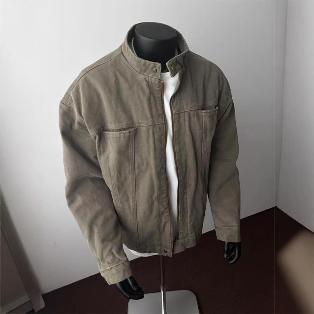 Harrington Jacket - ฤดูใบไม้ผลิฤดูใบไม้ร่วงใหม่แฟชั่นผู้ชายสบายๆอินเทรนด์สีทึบคอยาวแขนยาวสีทึบซิปเสื้อแจ็คเก็ตStreetwear