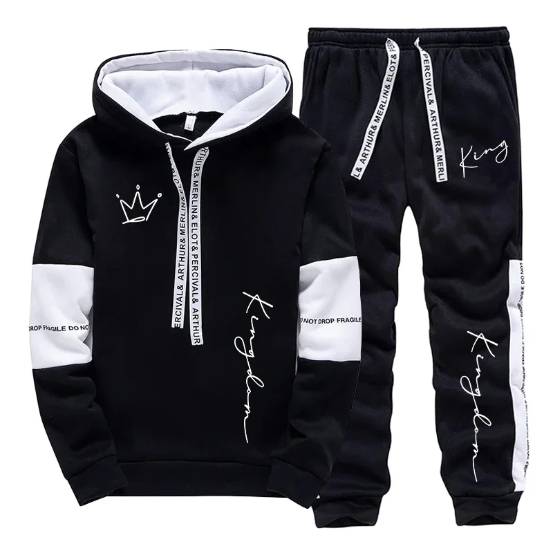Mens Fashion Suits - ชุดแฟชั่นลำลองสไตล์สปอร์ตสำหรับผู้ชาย ชุดฮู้ดดี้ทันสมัยสำหรับใส่ในบ้านและนอกบ้าน พร้อมลายพิมพ์ตัวอักษร KING ประกอบด้วยเสื้อฮู้ดดี้และกางเกงวอร์ม