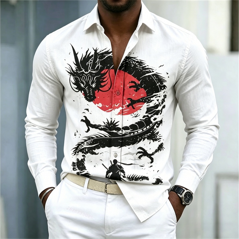 Men'S Fashion Trends - เสื้อเชิ้ตผู้ชายลายมังกรสีขาวดำแดงตัดกัน รุ่นใหม่ปี 2026 สไตล์สตรีทแฟชั่นลำลองธุรกิจ แขนยาว เสื้อผ้าผู้ชาย