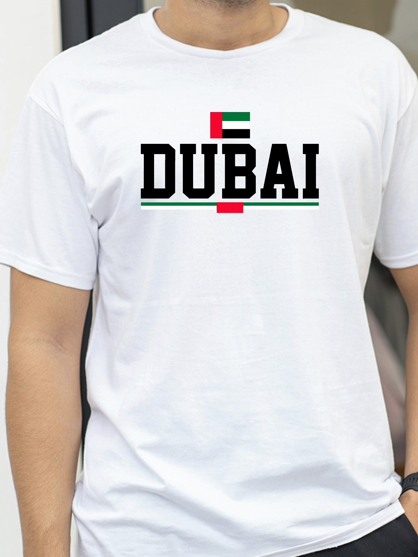 Dubai Men'S Fashion - ดูไบ สหอาณาจักรยูไนเต็ดอาหรับ เอมิเรตส์ ธงลายเรขาคณิตเสื้อยืดผ้าฝ้ายคอกลมแขนสั้นเสื้อยืดลำลอง