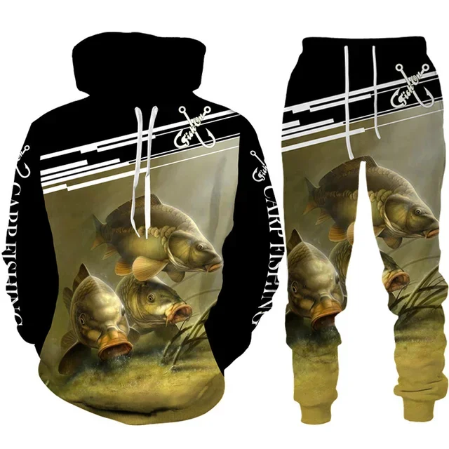 Mens Fashion Camo Pants - ชุดเสื้อผ้า2ชิ้นมีฮู้ด + กางเกงพิมพ์ลายปลา3D แปลกใหม่เซ็ตเสื้อผ้าแฟชั่นสำหรับออกแคมป์ตกปลาลายพราง
