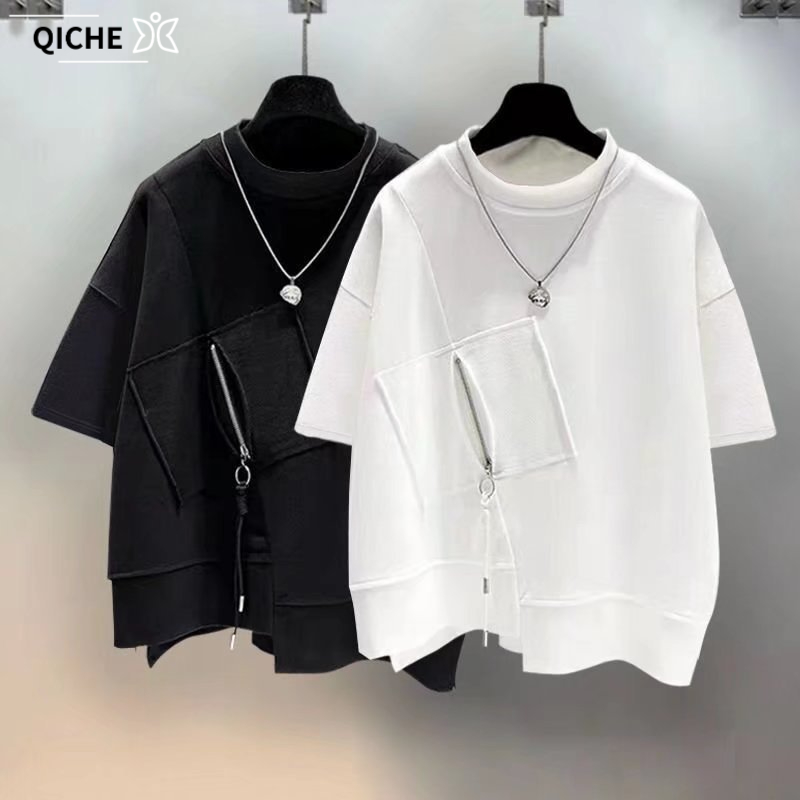 Mens Fashion Quarter Zip - เสื้อยืดแขนสั้นผู้ชาย QICHE พร้อมกระเป๋าซิป ดีไซน์ตัดต่อ ทรงหลวม ใส่สบาย