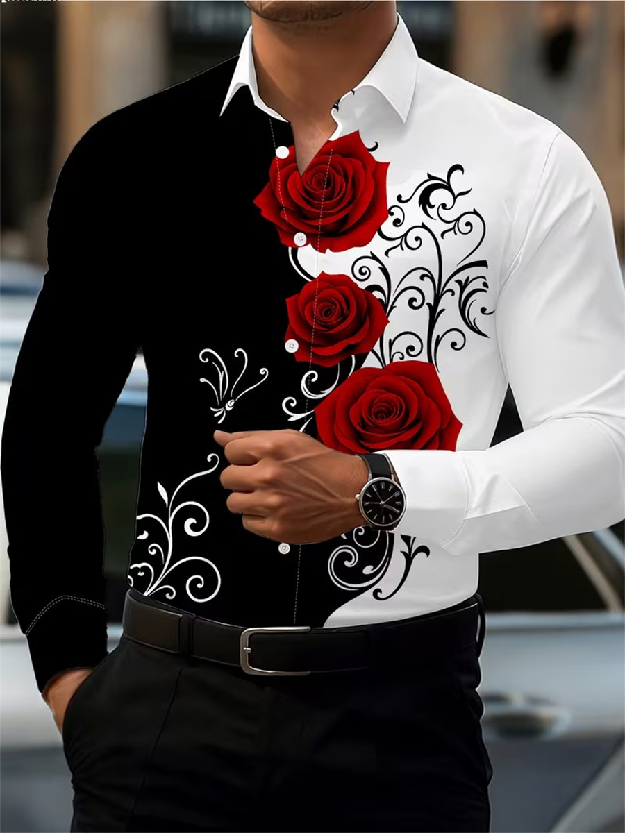 Men'S Fashion Trends - เสื้อเชิ้ตแขนยาวพิมพ์ลายดอกกุหลาบสีแดงสำหรับผู้ชาย ทันสมัยและลำลอง