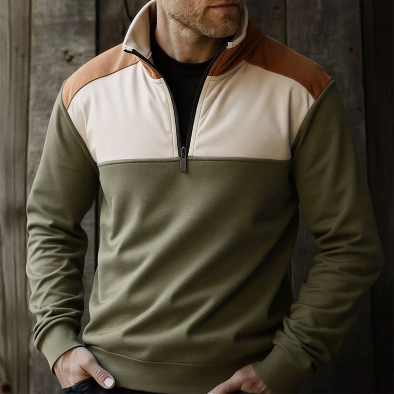 Mens Fashion Quarter Zip - เสื้อสเวตเชิ้ตผู้ชาย UETEEY แบบคอเต่า แขนยาว แต่งผ้าต่อกัน สไตล์ลำลอง