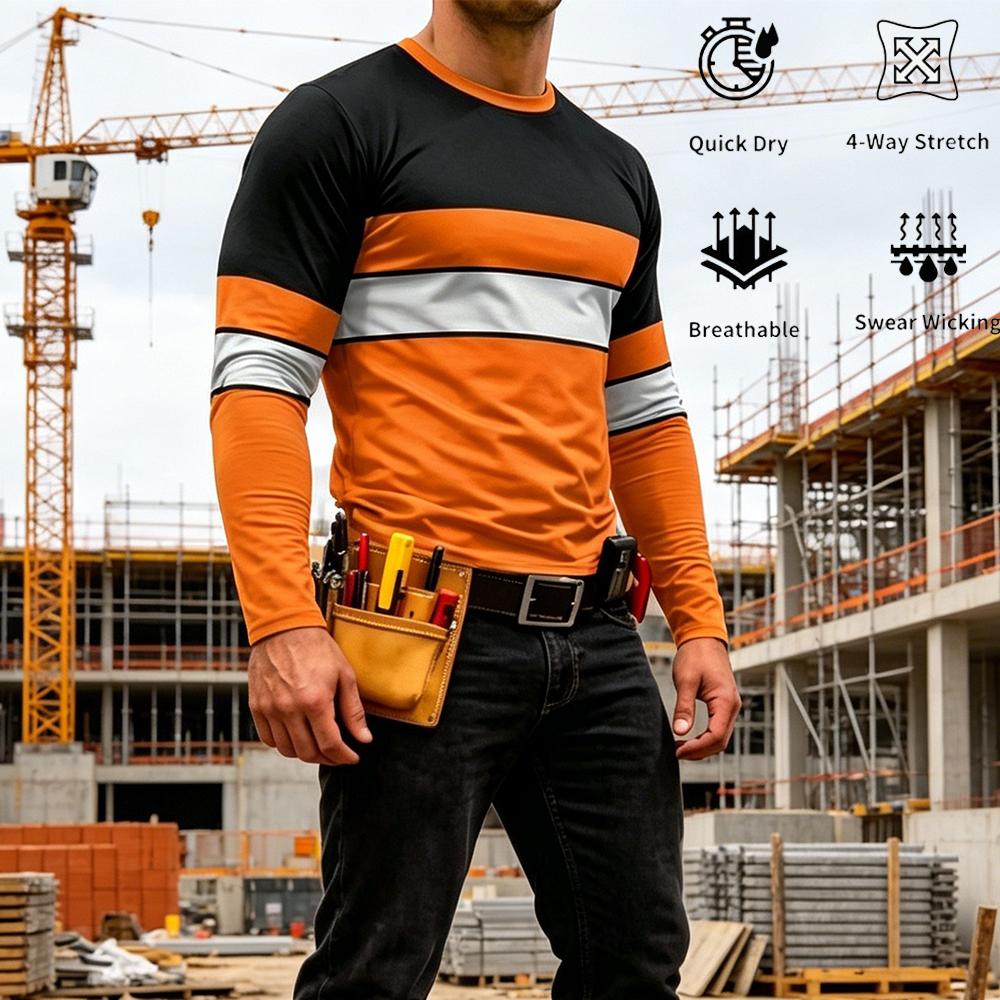 Men'S Fashion Trends - เสื้อยืดแขนยาวลายทางสีสันสดใสคุณภาพสูงสำหรับฤดูใบไม้ร่วง เสื้อทำงานผู้ชาย ระบายอากาศได้ดี คอทรงโอ ใส่สบาย เหมาะสำหรับงานด้านความปลอดภัย