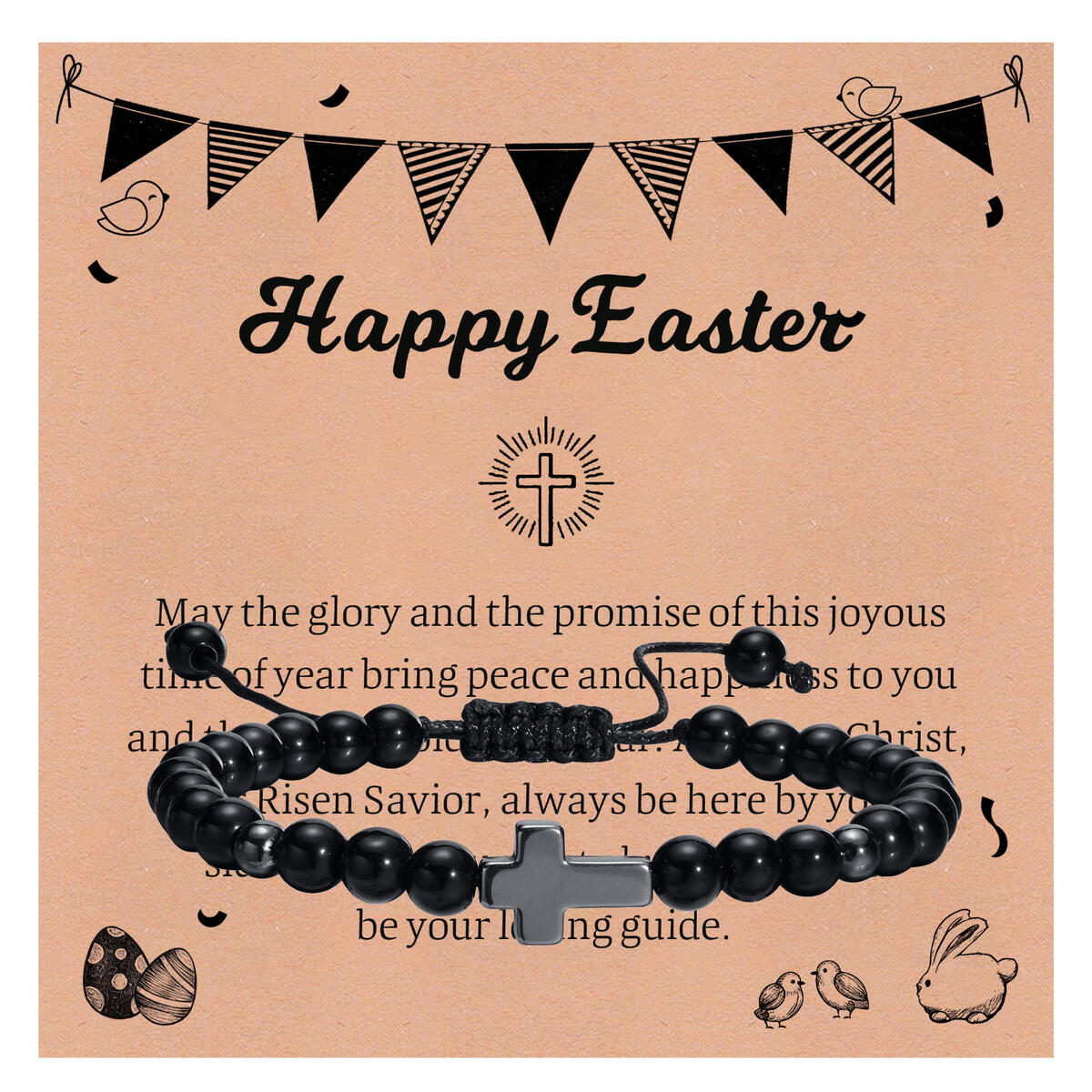 Men'S Fashion Easter - สร้อยข้อมือไม้กางเขนเฮมาไทต์สำหรับผู้ชาย, สร้อยข้อมือลูกปัดออนิกซ์สีดำสำหรับการทำสมาธิ, ของขวัญเครื่องประดับทางศาสนาคริสต์พร้อมบัตรของขวัญ